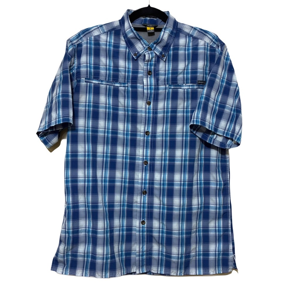Eddie Bauer Travel Madras Plaid Button Down Shirt Men M Blue Woven